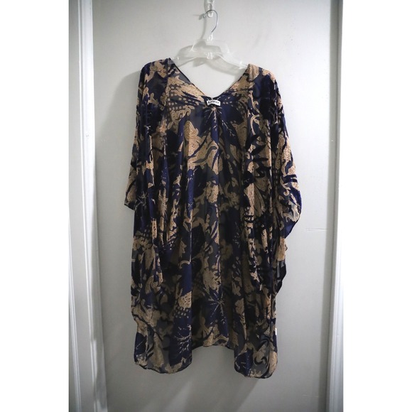 La Soul Tops - Laasoul Navy & Gold Floral Kimono Open Front Sheer Cover Up Bohemian Resort Wear